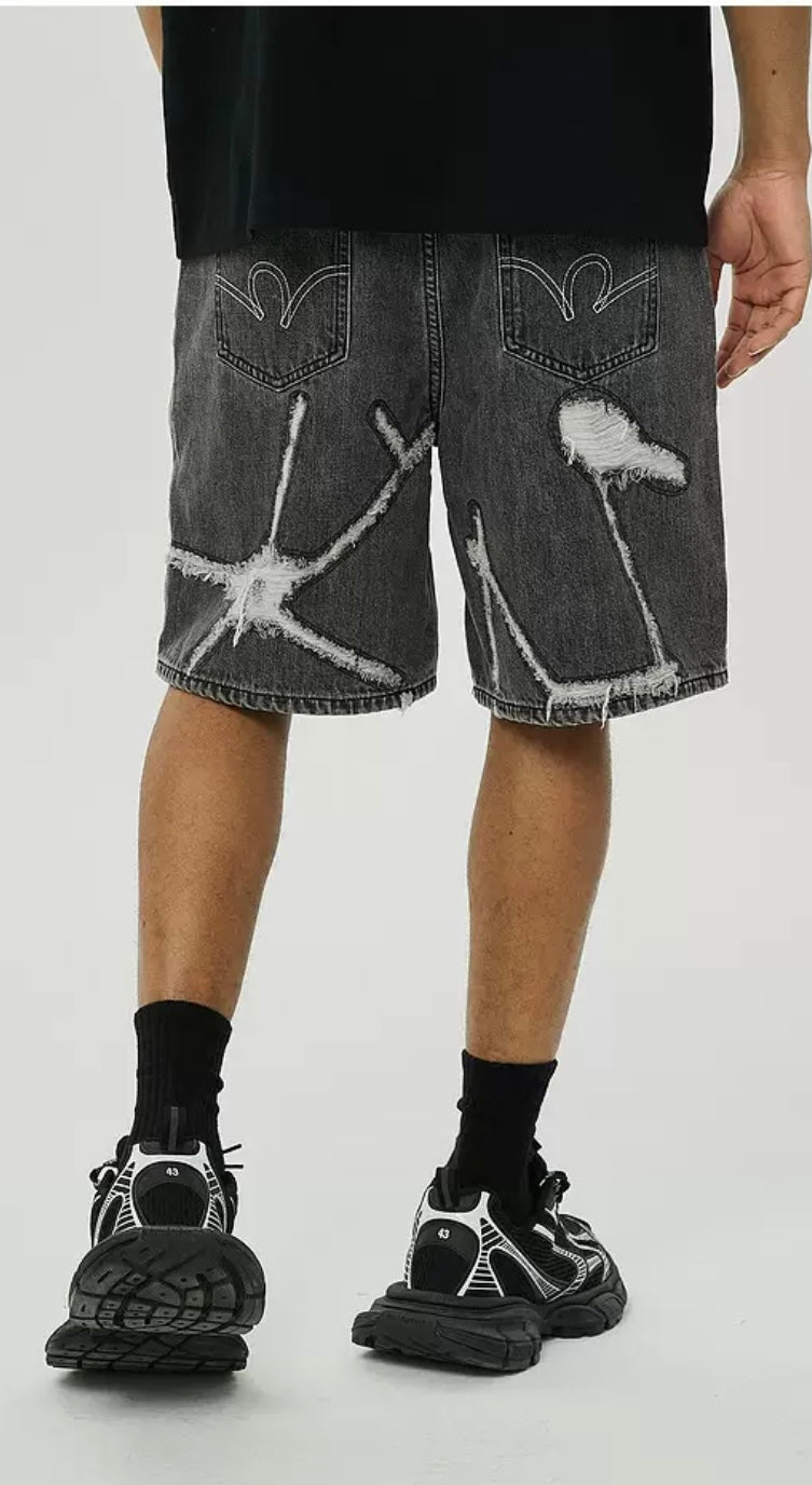 Distressed Web - Denim Shorts - Black