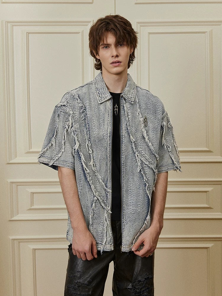 Light Denim Washed Wavy Texture Shirt