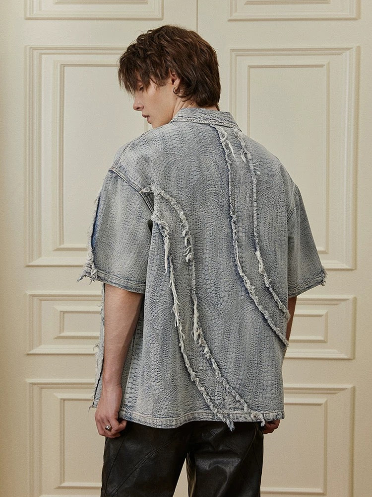 Light Denim Washed Wavy Texture Shirt